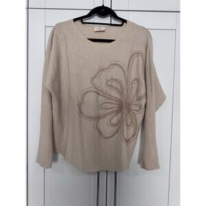 Ember Sweater Womens Beige Embellished Floral Rhinestone Lightweight Knit Top M